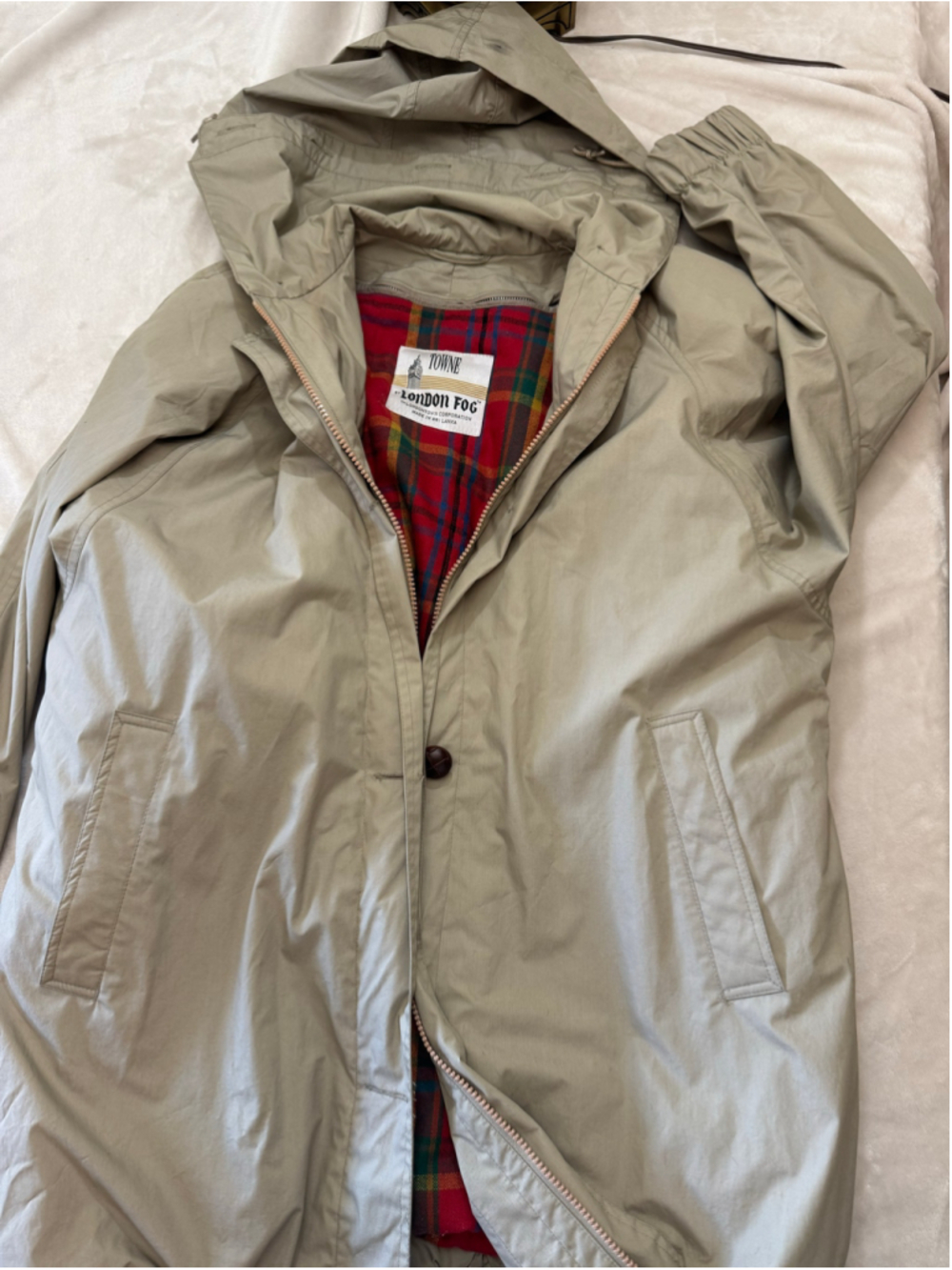 Women's London Fog Beige VTG Plaid Lined Hooded Trench Coat Size S
